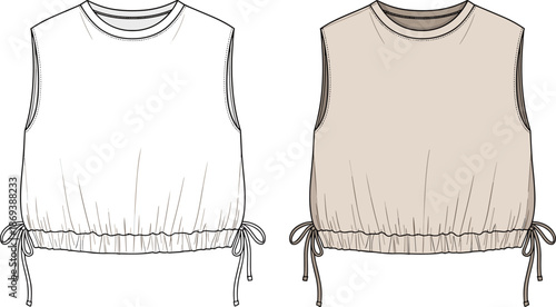 Sleeveless top sketch, round neckline, drawstring hem, side ties, gathered bottom, fashion template, garment design, flat vector illustration