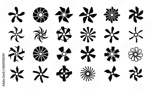 Ship and aircraft propeller black vector icon set isolated on transparent background
