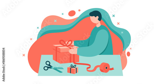 Woman Wrapping Gift Box with Ribbon.