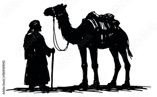 Hand drawn silhouette illustration of a man and a camel depicting a desert journey for travel and adventure concepts