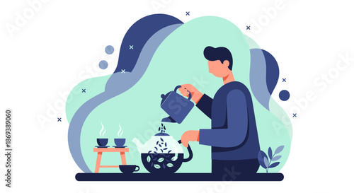 Man Pouring Coffee from Kettle into Cup.