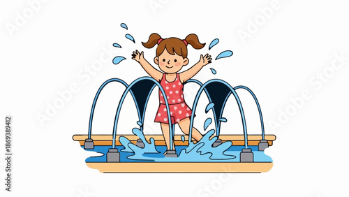 Joyful child in a swimsuit plays in a fountain with water splashes
