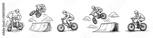 Illustration of BMX riders performing tricks and stunts on ramps. The setting includes ramps, clouds, and urban-style skate park elements, highlighting the adrenaline and skill of freestyle BMX.