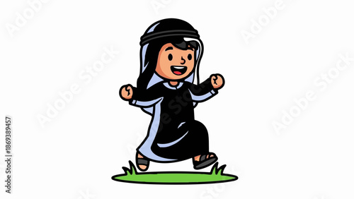 Joyful child in traditional attire running happily on green grass