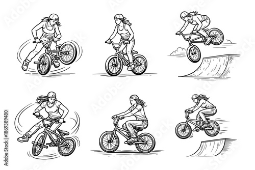 Illustration of six female BMX riders performing tricks and stunts. Each rider is confidently handling her BMX bike, emphasizing strength, control, and athleticism in a freestyle or park setting