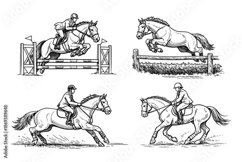 Equestrian sport with horse jumping and riding scenes. Horseback training, competition and outdoor activity concept. Vector illustration.