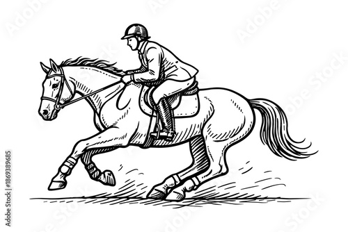Horseback rider in motion during equestrian training. Horse riding sport and outdoor activity concept. Vector illustration.