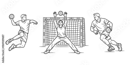 Handball players and goalkeeper in action. Team sport, training and competition concept. Vector illustration.