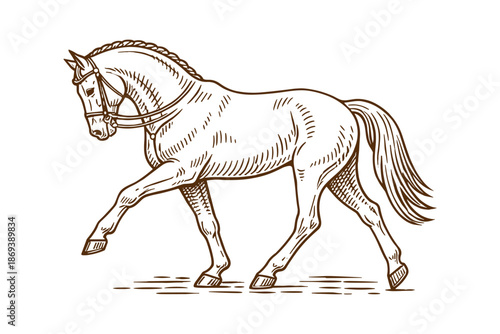 Elegant dressage horse in motion. Equestrian sport, training and animal posture concept. Vector illustration.