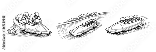 Bobsled team racing on ice track. Winter speed sport, teamwork and competition concept. Vector illustration.
