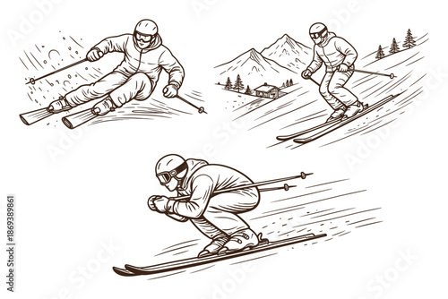 Alpine skiers carving, racing and riding downhill. Winter mountain sports, speed and outdoor adventure concept. Vector illustration.