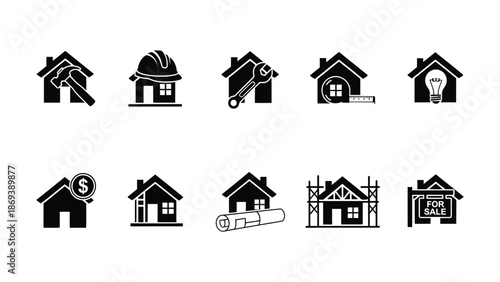 Collection of house icons representing various aspects of real estate and construction