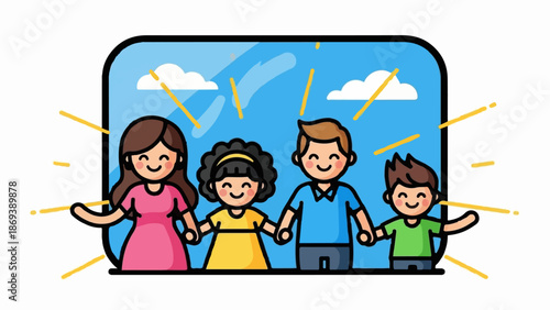 Joyful family of four, holding hands against a bright blue sky with clouds, radiating warmth