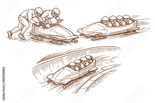 Bobsled team racing down ice track. Winter sport, high speed and teamwork competition concept. Vector illustration.