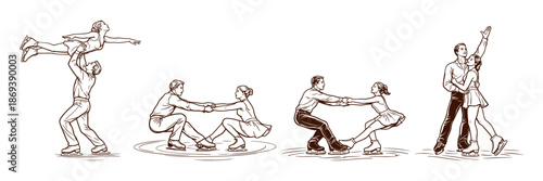 Figure skating pair performing lifts, spins, and graceful poses on ice. Elegant winter sport showcasing teamwork, balance, and artistic expression. Vector illustration.