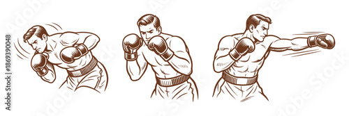 Vintage-style illustration of a male boxer in three dynamic poses: slipping a punch, guarding in a defensive stance, and delivering a powerful straight punch