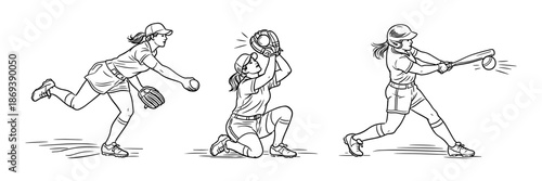 Vintage-style illustration of female softball players performing key actions: pitching, catching a high ball, and hitting. Vector illustration in vintage hand drawn outline style