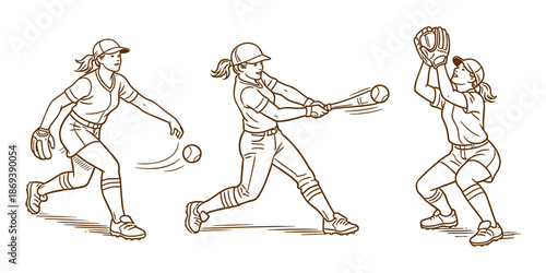 Vintage-style illustration of female softball players in three dynamic actions: pitching, batting, and catching. The image emphasizes motion, athleticism, and teamwork in the sport of softball.