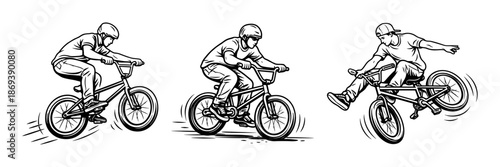 Illustration of BMX riders performing tricks and stunts on bicycles. The image captures dynamic movement, balance, and freestyle skills in extreme cycling sports. Vector art style.