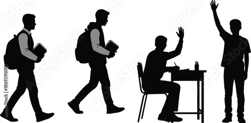Silhouette of student walking, sitting, raising hand in classroom – education concept vector for school, learning, and academic design