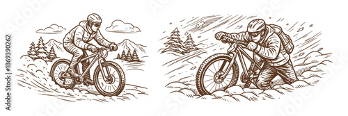 Illustration of two mountain bikers riding in snowy, cold weather conditions. Vector illustration in vintage hand drawn outline style