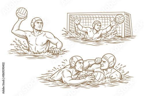 Illustration depicting scenes from a water polo match. Vector illustration in vintage hand drawn outline style
