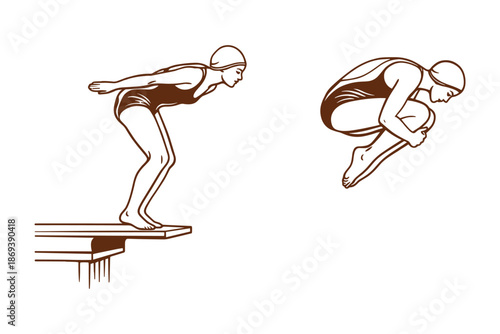 Illustration of a female diver performing a dive from a platform. Vector illustration in vintage hand drawn outline style