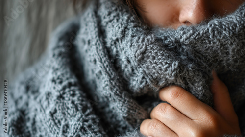 A woman is wearing a gray knit scarf