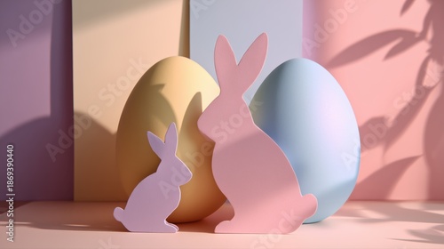 Pastel Easter bunny silhouettes with colorful eggs, minimal easter greeting background.