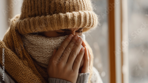 A woman wearing a hat and scarf is blowing her nose