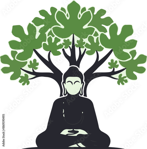 Enlightened figure meditating peacefully beneath a stylized tree with green leaves, symbolizing growth and wisdom