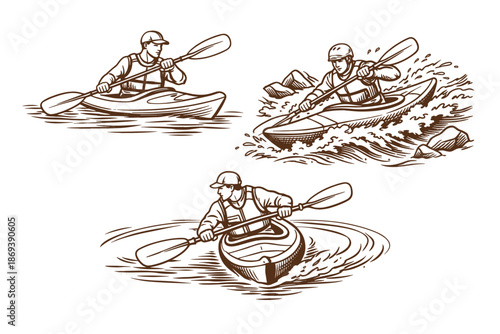 Illustration of male kayakers navigating various water conditions