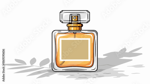 Elegant perfume bottle with golden accents, casting a shadow of leaves
