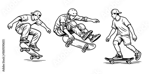 Illustration of three male skateboarders demonstrating various skateboarding moves