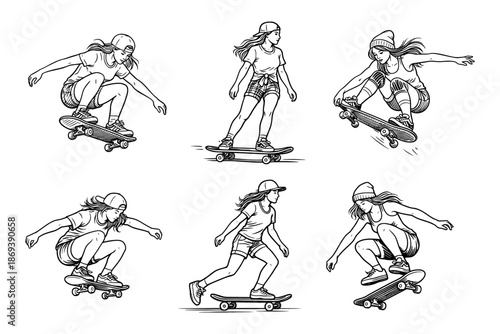 Illustration of six female skateboarders performing various skateboarding moves and riding styles