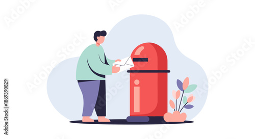 Man Putting Letter in Red Mailbox.