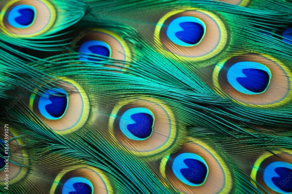 Obraz premium Peacock feathers showing a colorful natural pattern with blue and green hues