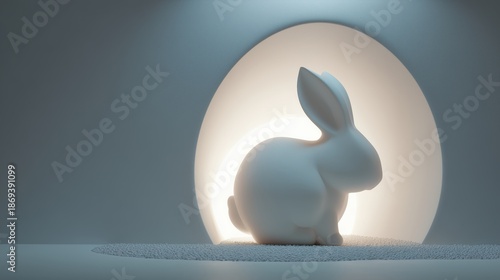 Minimal white easter bunny with soft halo backlight on neutral background, modern elegant easter concept.