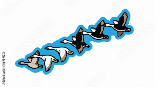 Five geese flying in formation with blue wavy outline against white background