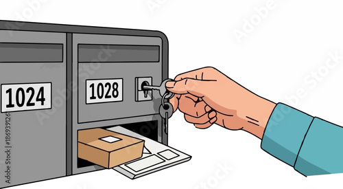 Hand inserts key into mailbox to retrieve package and mail