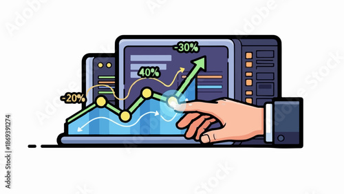 Hand interacting with computer monitor displaying upward trending financial graph with percentages