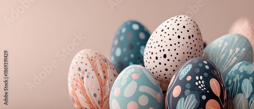 Artistic easter eggs with abstract patterns in pastel colors, elegant modern easter background.