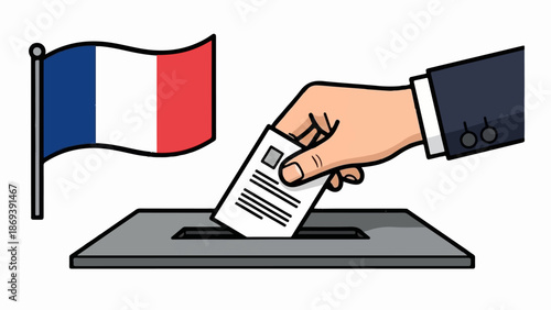 Hand placing ballot in box next to French flag