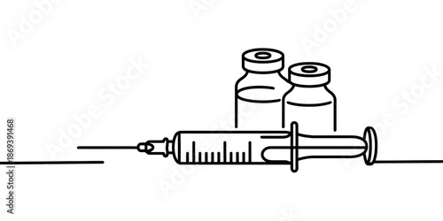 A medical illustration of a syringe and two vials on a clean surface