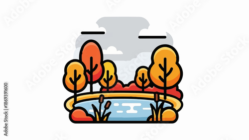 Flat design park scene with autumn trees and pond