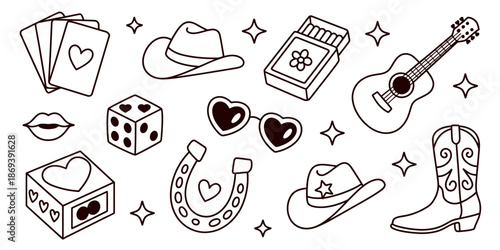 A collection of country-themed icons and symbols, including a guitar, cowboy hat, and playing cards, arranged in a whimsical illustration.