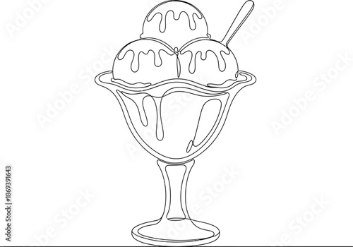 A modern, continuous one line drawing of a bowl with three scoops of  ice cream ,Continuous One Line Art of Ice-Cream in a Bowl Symbol Concept