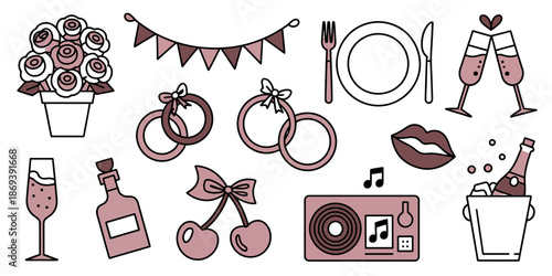 A collection of wedding and party icons in pink and black on a white background