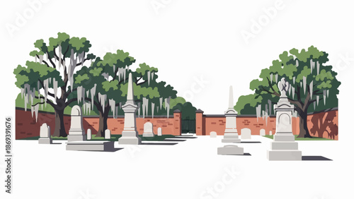 Historic cemetery with ancient oaks draped in Spanish moss and ornate gravestones