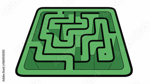 Green isometric maze with black pathways and two small black dots